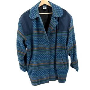 Vintage 90s T&C Surf Designs Blue Wool Cotton Tribal Open Front Jacket